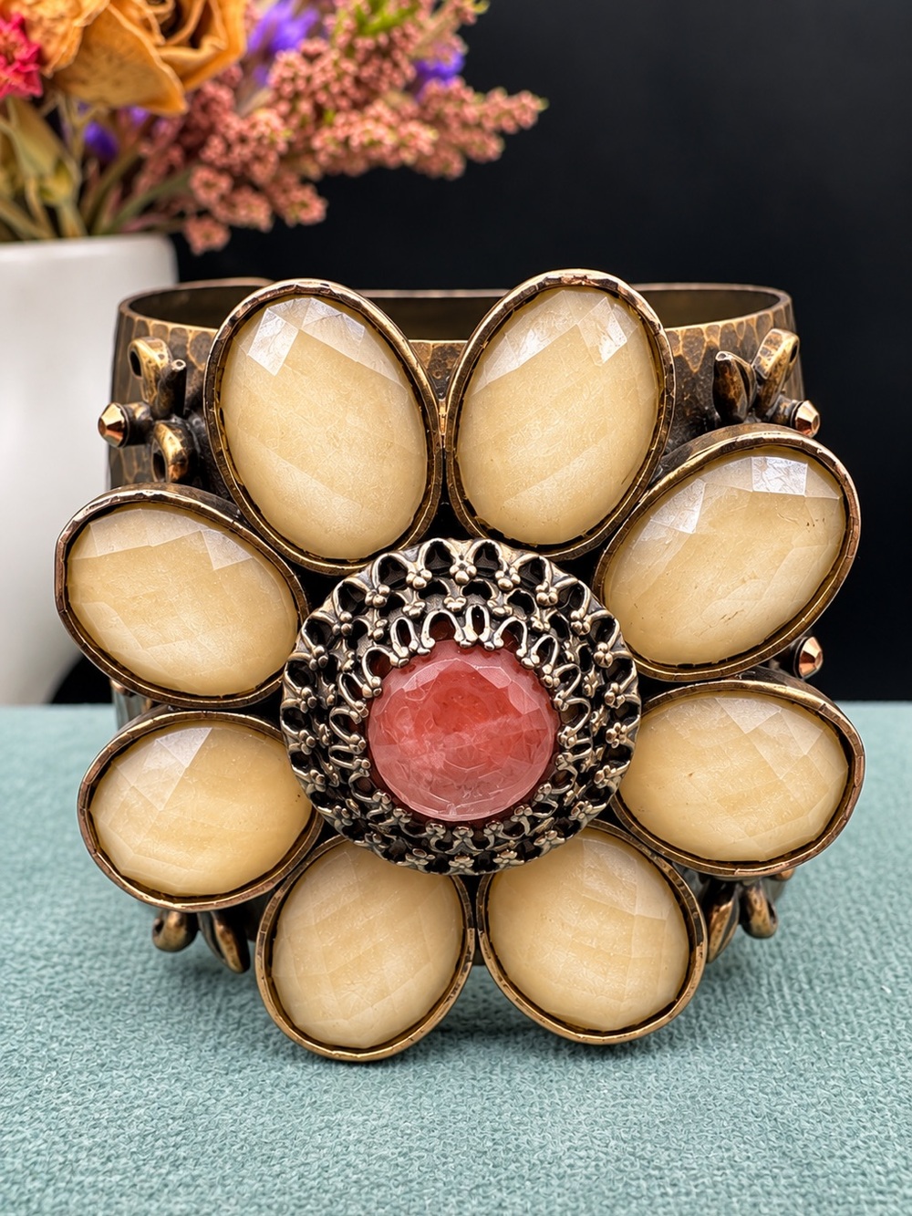 Floral Statement Cuff Bracelet - Cream Petals with Coral Center